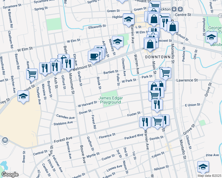 map of restaurants, bars, coffee shops, grocery stores, and more near 24 Howard Square in Brockton