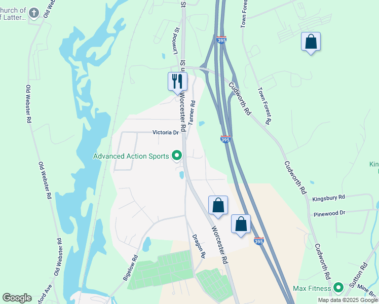 map of restaurants, bars, coffee shops, grocery stores, and more near 121 Worcester Road in Webster