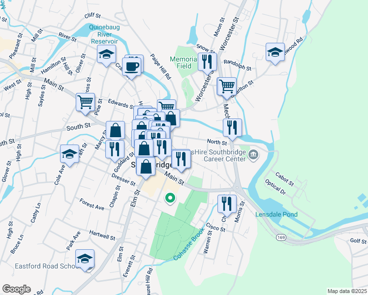 map of restaurants, bars, coffee shops, grocery stores, and more near 70 Foster Street in Southbridge