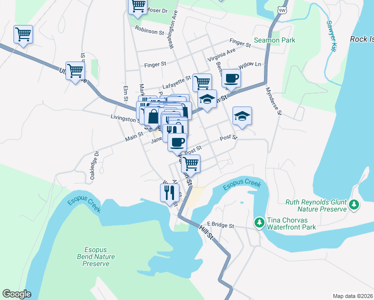 map of restaurants, bars, coffee shops, grocery stores, and more near 133 Partition Street in Saugerties
