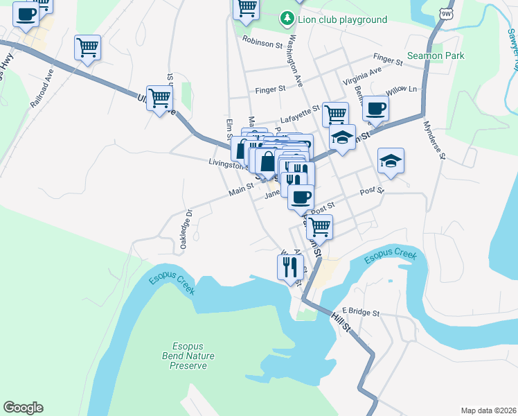map of restaurants, bars, coffee shops, grocery stores, and more near 38 Jane Street in Saugerties