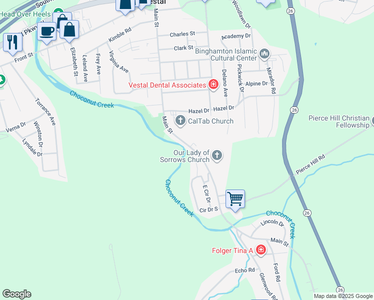 map of restaurants, bars, coffee shops, grocery stores, and more near 724-726 Main St in Vestal