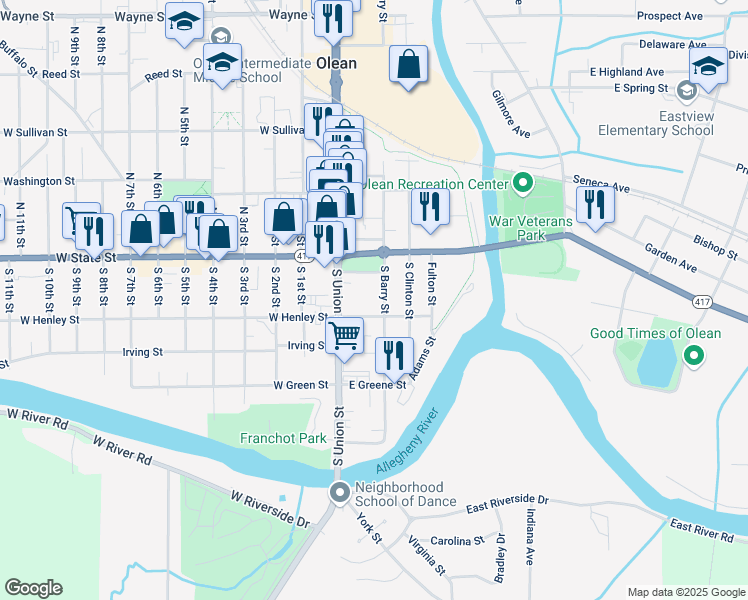 map of restaurants, bars, coffee shops, grocery stores, and more near 133 South Union Street in Olean