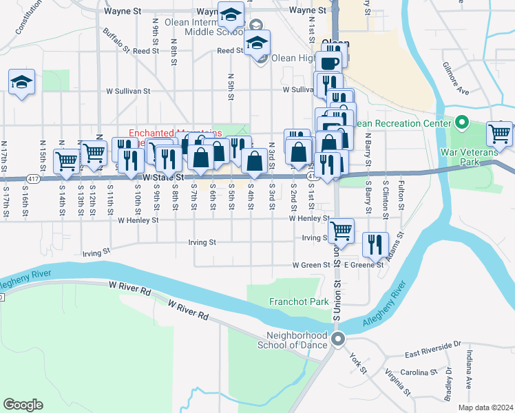 map of restaurants, bars, coffee shops, grocery stores, and more near 117 South 4th Street in Olean
