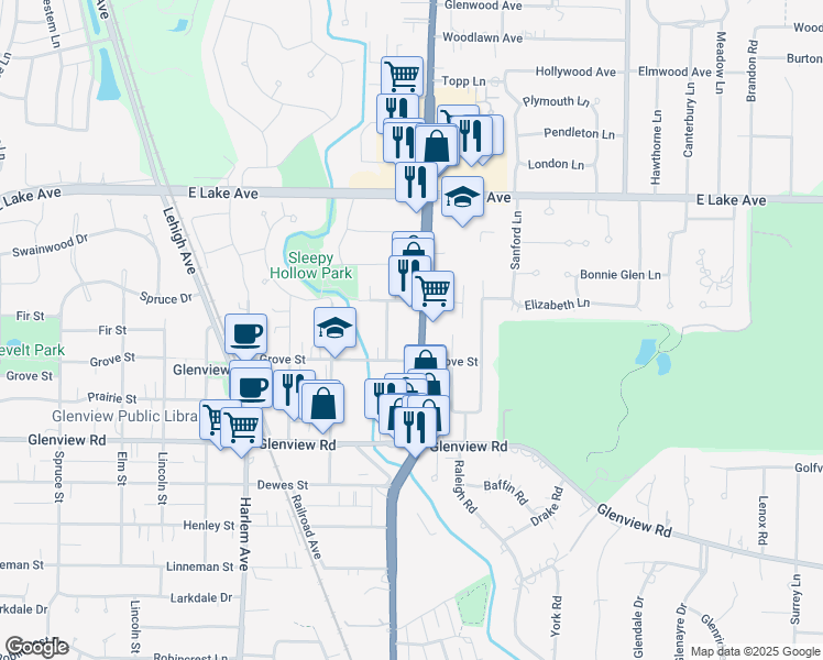 map of restaurants, bars, coffee shops, grocery stores, and more near 1211 Hutchings Avenue in Glenview