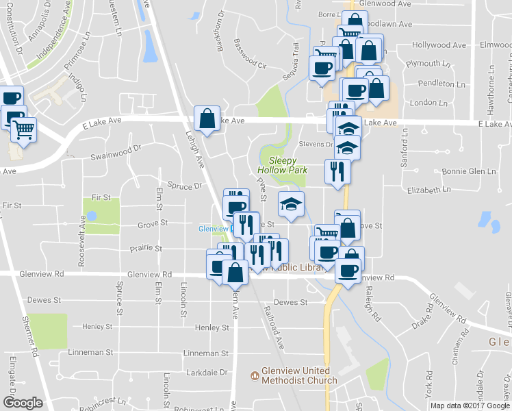 map of restaurants, bars, coffee shops, grocery stores, and more near 1210 Pine Street in Glenview