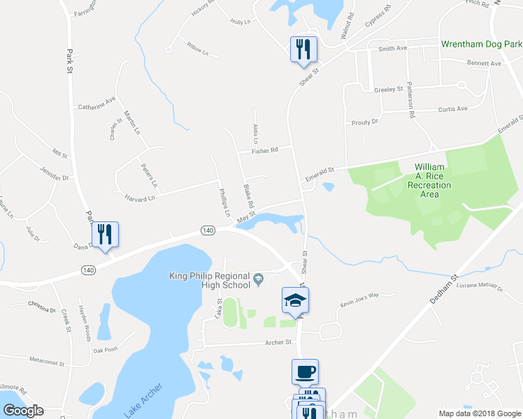 map of restaurants, bars, coffee shops, grocery stores, and more near 40 May Street in Wrentham