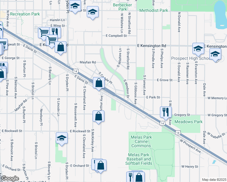 map of restaurants, bars, coffee shops, grocery stores, and more near 1450 Northwest Highway in Arlington Heights
