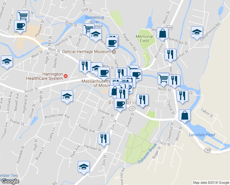 map of restaurants, bars, coffee shops, grocery stores, and more near 4 Hamilton Street in Southbridge
