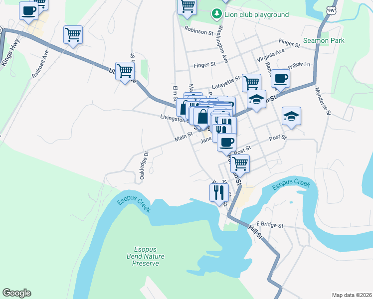 map of restaurants, bars, coffee shops, grocery stores, and more near 38 Jane Street in Saugerties
