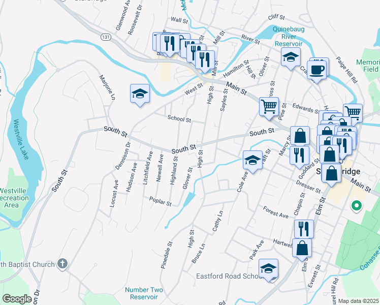 map of restaurants, bars, coffee shops, grocery stores, and more near 219 South Street in Southbridge