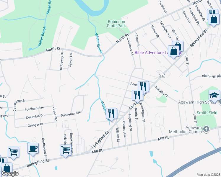 map of restaurants, bars, coffee shops, grocery stores, and more near 100 Witheridge Street in Agawam
