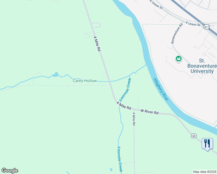 map of restaurants, bars, coffee shops, grocery stores, and more near 3527 Carey Hollow Road in Allegany