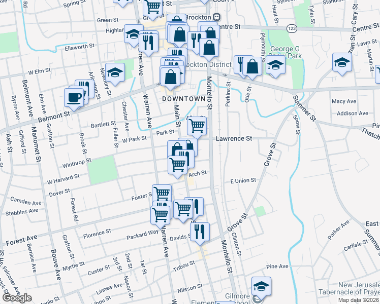 map of restaurants, bars, coffee shops, grocery stores, and more near 11 Somerset Place in Brockton