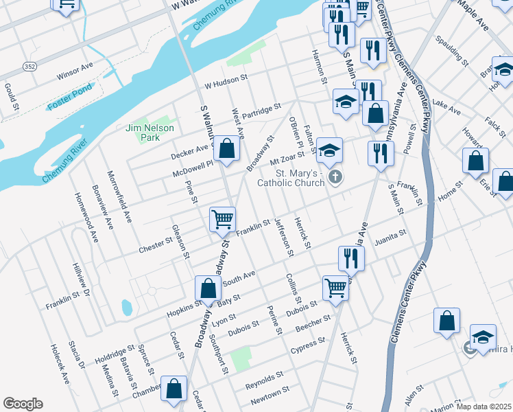 map of restaurants, bars, coffee shops, grocery stores, and more near 423 Balsam Street in Elmira