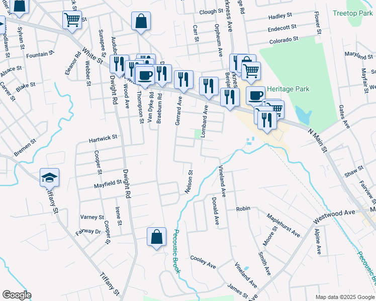 map of restaurants, bars, coffee shops, grocery stores, and more near 19 Kelsey Street in East Longmeadow