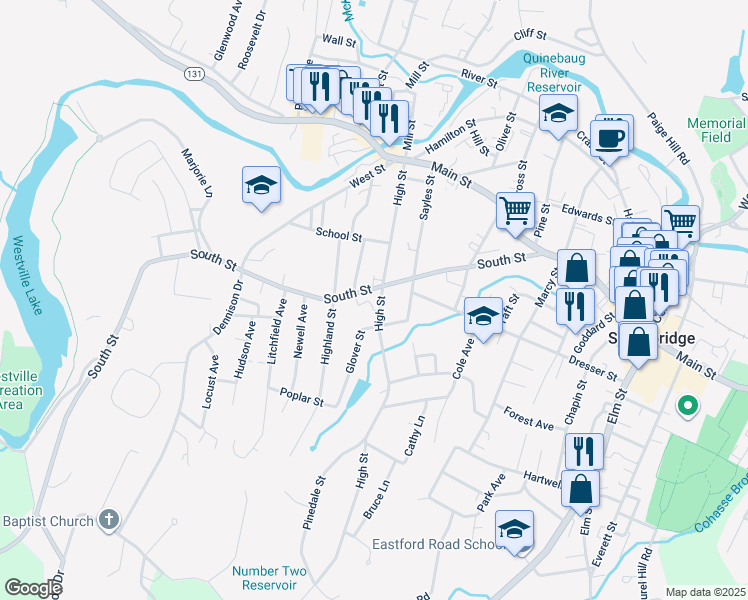 map of restaurants, bars, coffee shops, grocery stores, and more near 201 South Street in Southbridge