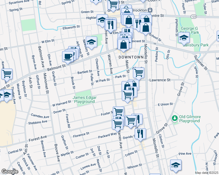 map of restaurants, bars, coffee shops, grocery stores, and more near in Brockton