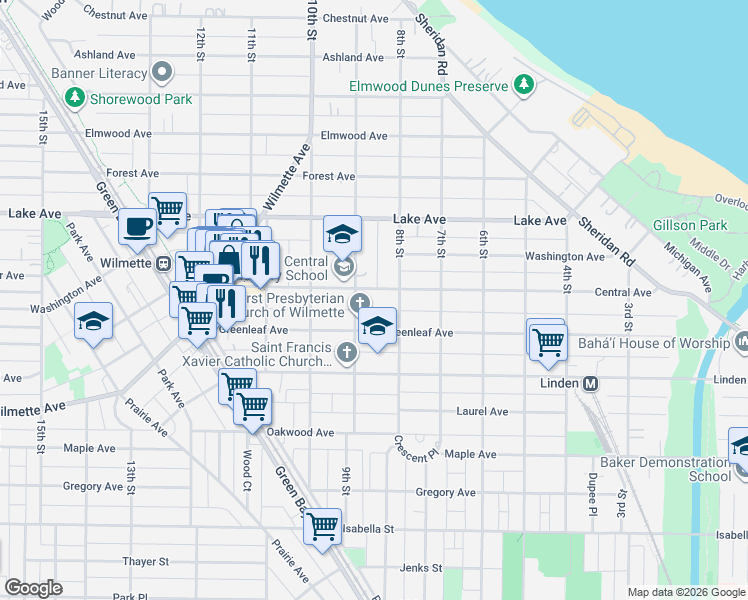 map of restaurants, bars, coffee shops, grocery stores, and more near 831 Central Avenue in Wilmette