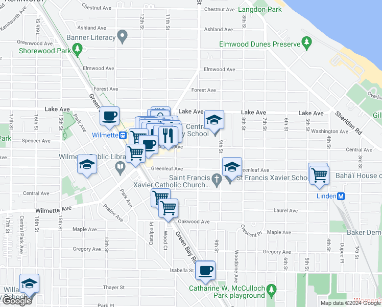 map of restaurants, bars, coffee shops, grocery stores, and more near 1011 Central Avenue in Wilmette