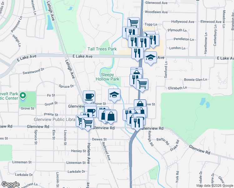 map of restaurants, bars, coffee shops, grocery stores, and more near 1753 MacLean Court in Glenview