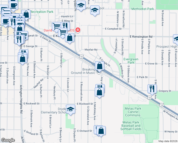 map of restaurants, bars, coffee shops, grocery stores, and more near 422 South Cleveland Avenue in Arlington Heights