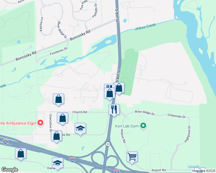 map of restaurants, bars, coffee shops, grocery stores, and more near 202 Canterfield Parkway West in West Dundee