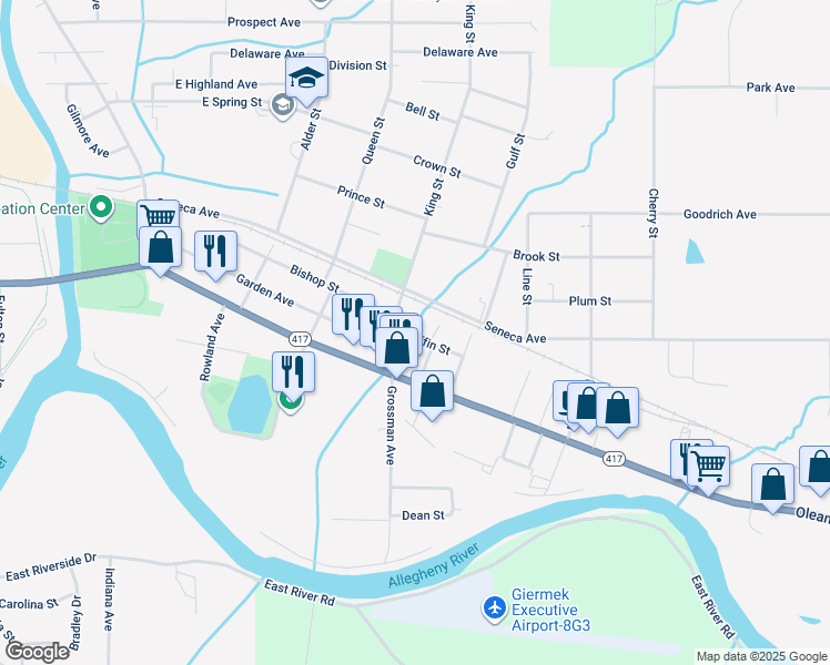 map of restaurants, bars, coffee shops, grocery stores, and more near 917 Griffin Street in Olean