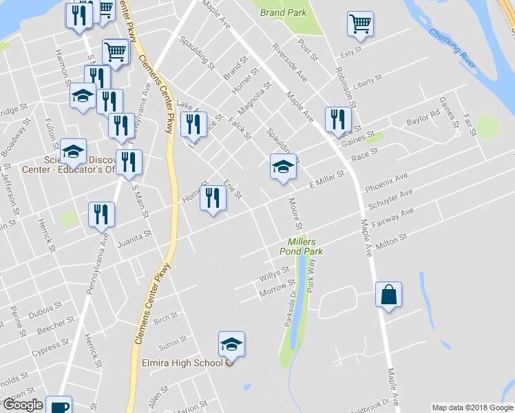 map of restaurants, bars, coffee shops, grocery stores, and more near 205 East Miller Street in Elmira