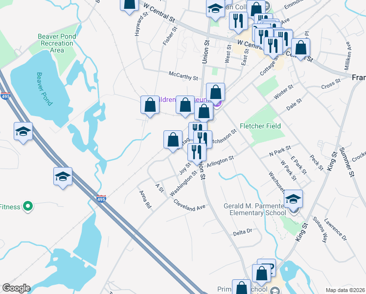 map of restaurants, bars, coffee shops, grocery stores, and more near 272 Cottage Street in Franklin