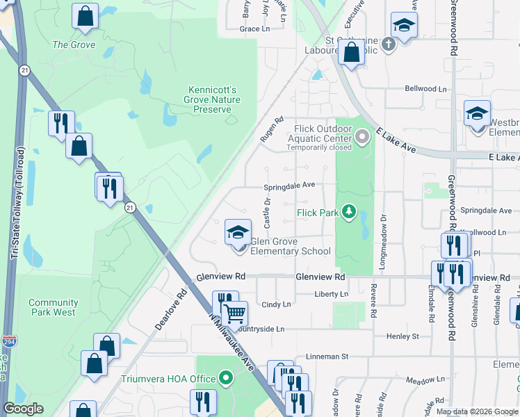map of restaurants, bars, coffee shops, grocery stores, and more near 3922 Gloria Court in Glenview