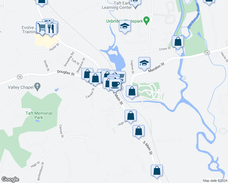 map of restaurants, bars, coffee shops, grocery stores, and more near 4 South Main Street in Uxbridge