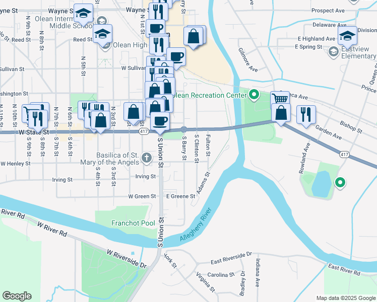 map of restaurants, bars, coffee shops, grocery stores, and more near 127 South Barry Street in Olean