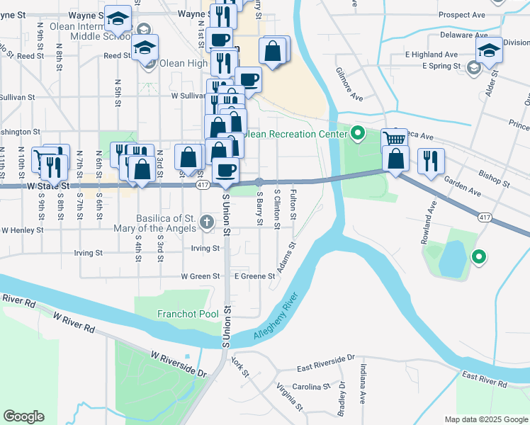 map of restaurants, bars, coffee shops, grocery stores, and more near 127 South Barry Street in Olean