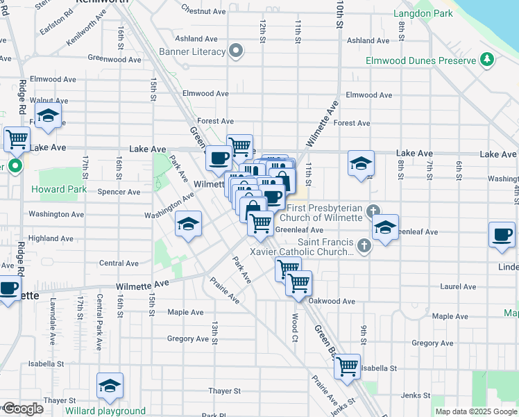 map of restaurants, bars, coffee shops, grocery stores, and more near 1200 Wilmette Avenue in Wilmette
