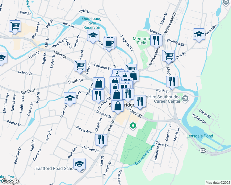 map of restaurants, bars, coffee shops, grocery stores, and more near 18 Hamilton Street in Southbridge