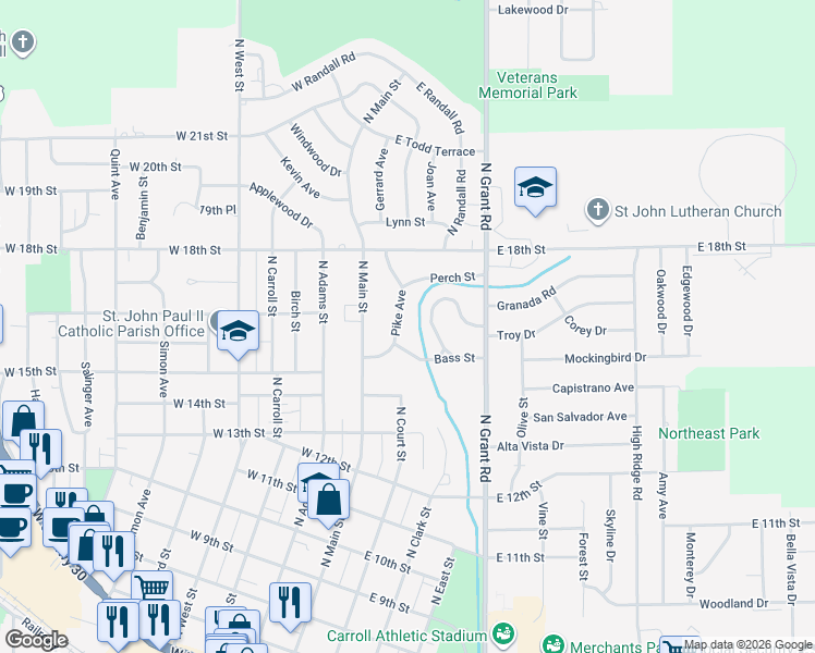 map of restaurants, bars, coffee shops, grocery stores, and more near 1621 Pike Avenue in Carroll