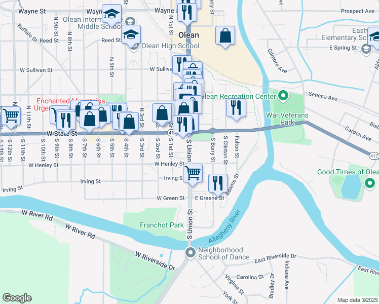 map of restaurants, bars, coffee shops, grocery stores, and more near Paul Clark Drive in Olean