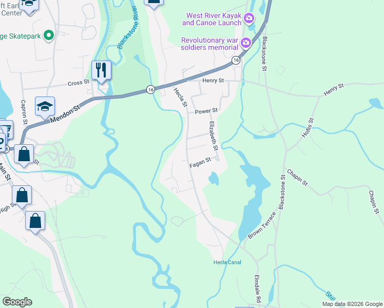map of restaurants, bars, coffee shops, grocery stores, and more near 78 Hecla Street in Uxbridge