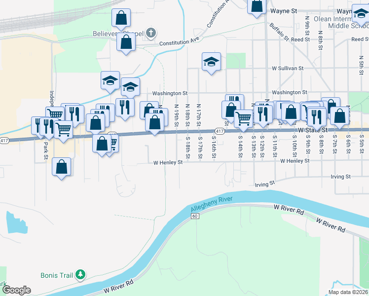 map of restaurants, bars, coffee shops, grocery stores, and more near 113 South 18th Street in Olean