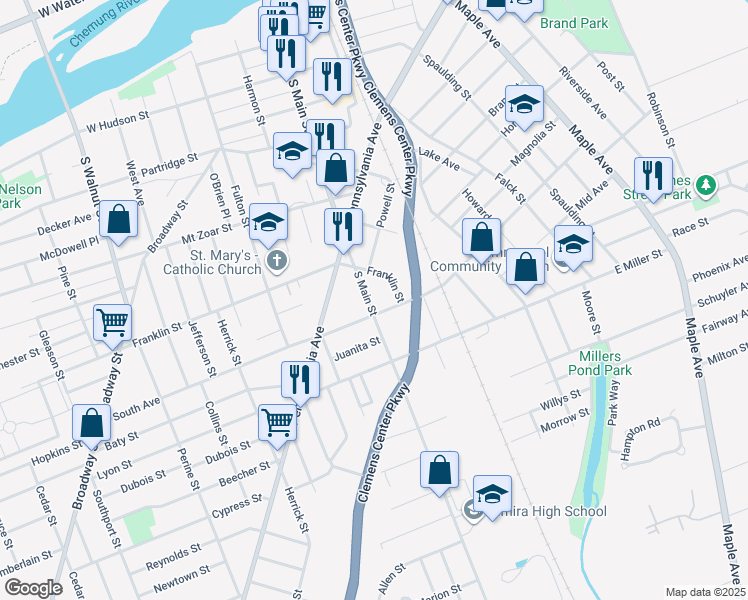 map of restaurants, bars, coffee shops, grocery stores, and more near 551 South Main Street in Elmira
