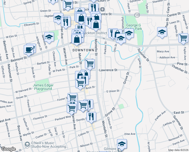 map of restaurants, bars, coffee shops, grocery stores, and more near 461 Montello Street in Brockton