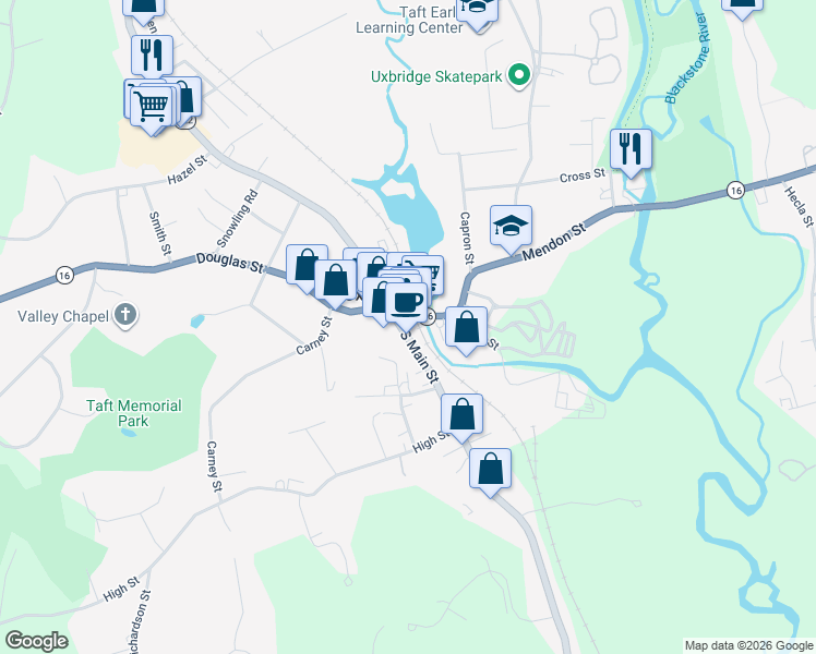 map of restaurants, bars, coffee shops, grocery stores, and more near 4 South Main Street in Uxbridge