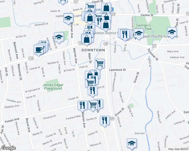map of restaurants, bars, coffee shops, grocery stores, and more near 14 Somerset Place in Brockton
