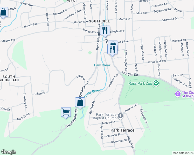 map of restaurants, bars, coffee shops, grocery stores, and more near 201 Pennsylvania Ave in Binghamton