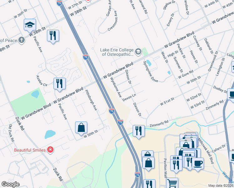 map of restaurants, bars, coffee shops, grocery stores, and more near 4716 Wynburne Ave in Erie