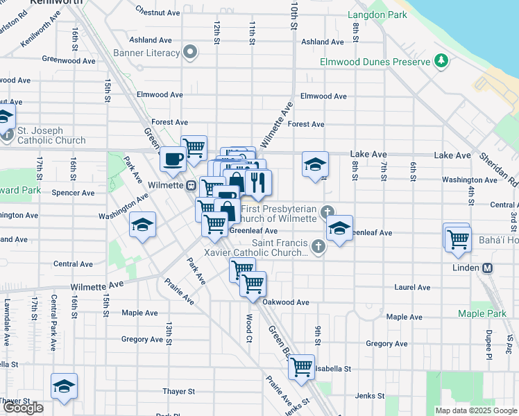 map of restaurants, bars, coffee shops, grocery stores, and more near 1100E Central Avenue in Wilmette