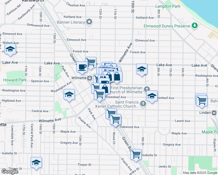 map of restaurants, bars, coffee shops, grocery stores, and more near 1133 Central Avenue in Wilmette