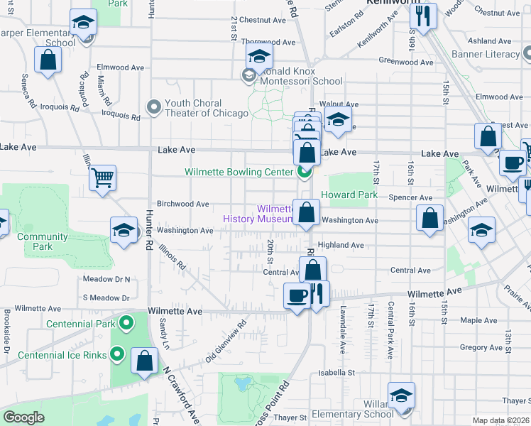 map of restaurants, bars, coffee shops, grocery stores, and more near 2023 Birchwood Avenue in Wilmette