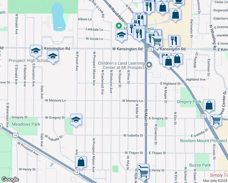 map of restaurants, bars, coffee shops, grocery stores, and more near 512 North Elmhurst Avenue in Mount Prospect